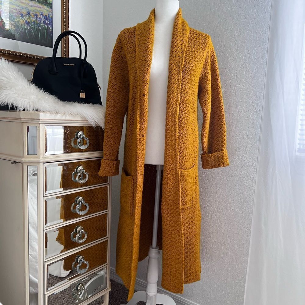 Mustard yellow long line knitted coat